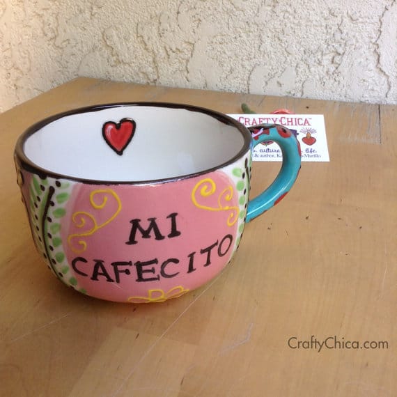 Fired ceramic mug. Perfect for cafecito and pan dulce!The black lines are dimensional Mi vida feliz mug by Crafty Chica.