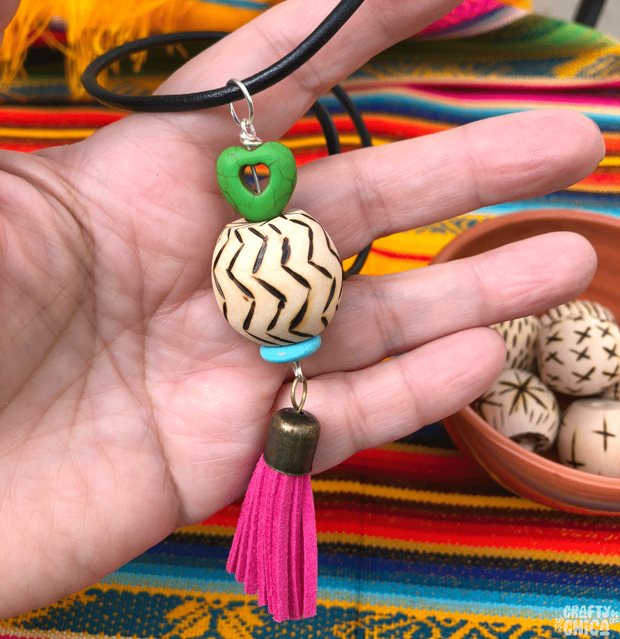 Wood-burned beads by Crafty Chica.
