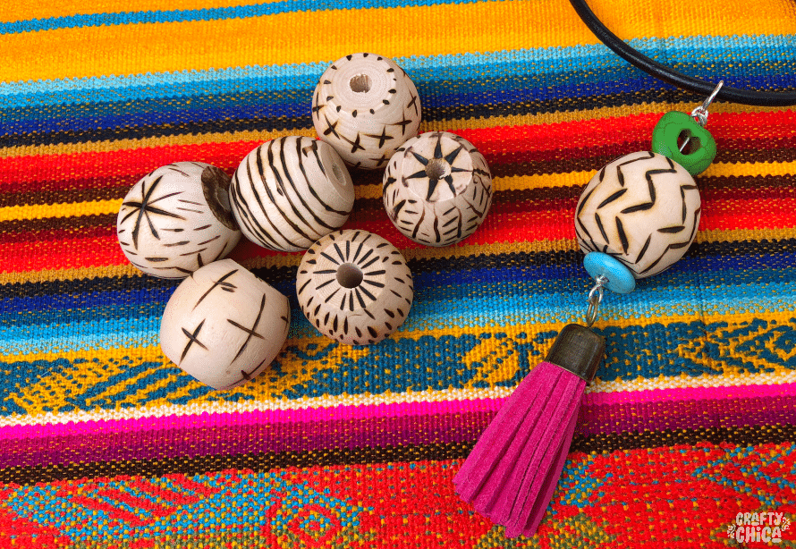 Wood-burned beads by Crafty Chica.
