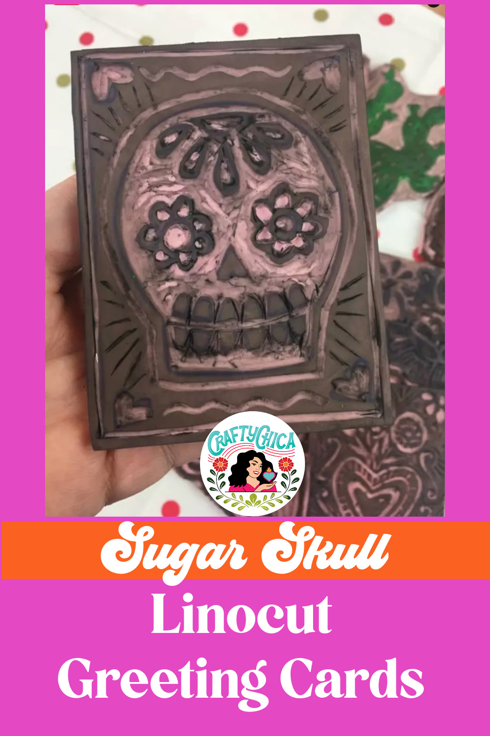 linocut sugar skull greeting cards