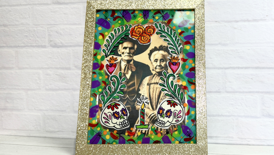 Reverse painted glass frame