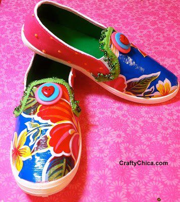 Oilcloth covered sneakers.