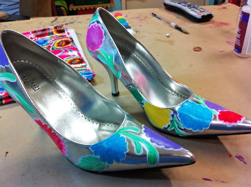 Painted oilcloth shoes in progress.