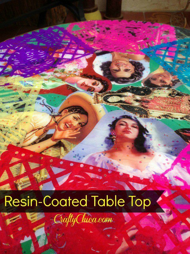 Resin-covered table top.