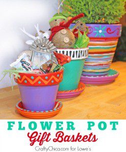 Paint flower pots, and fill with goodies to make colorful gift baskets. By CraftyChica.com.