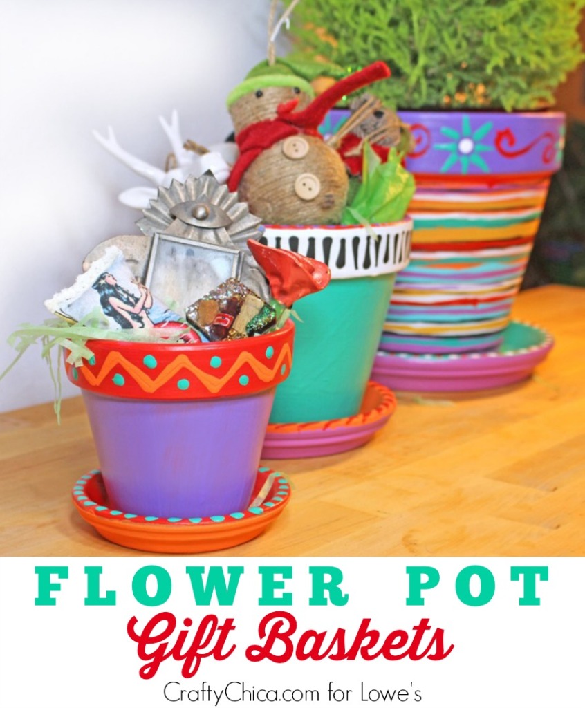Paint flower pots, and fill with goodies to make colorful gift baskets. By CraftyChica.com.