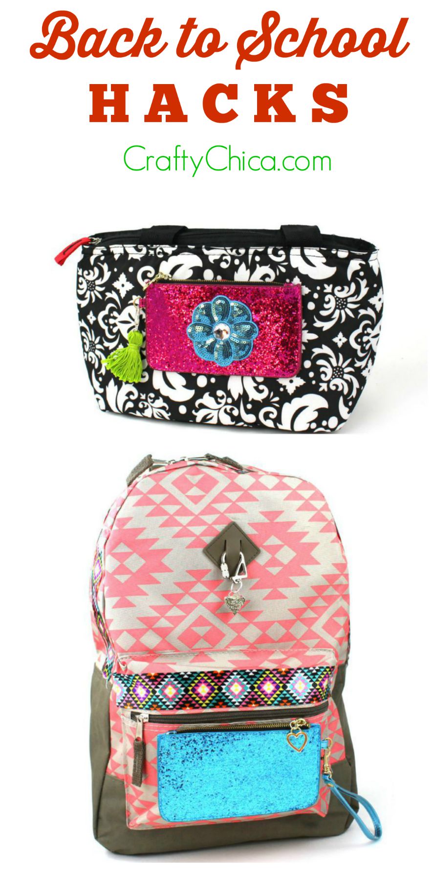 Backpacks hacks for back to school: Use hot glue and fabric tape to add a coin purse and trim! CraftyChica.com.