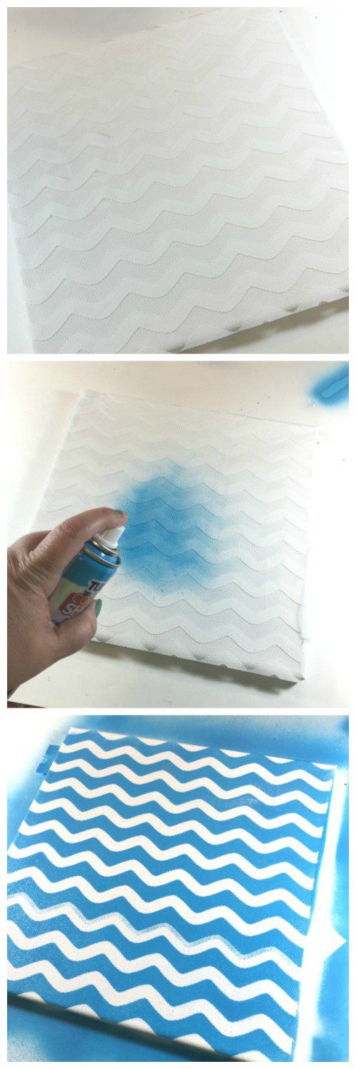 Spray painted stenciled canvases. Spray over lace that is taped to the canvas.
