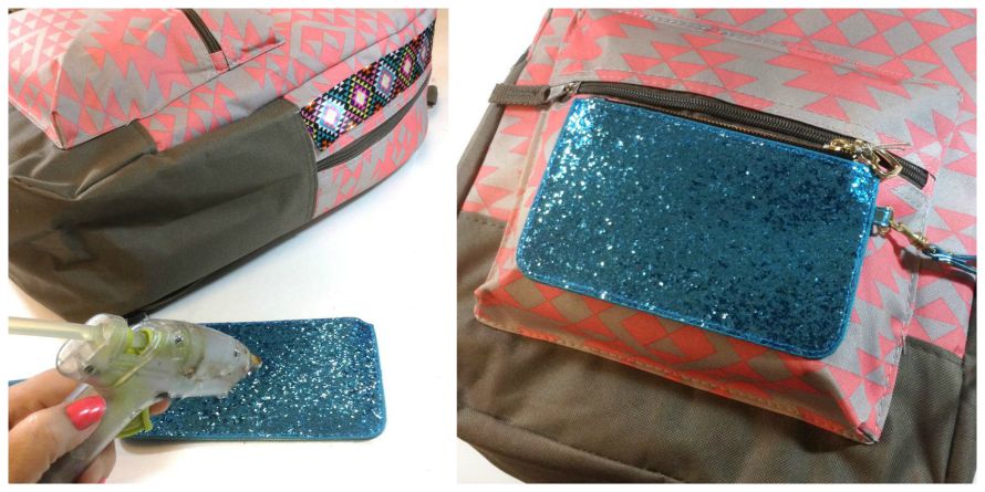 Use hot glue to affix a coin purse to a fabric backpack.