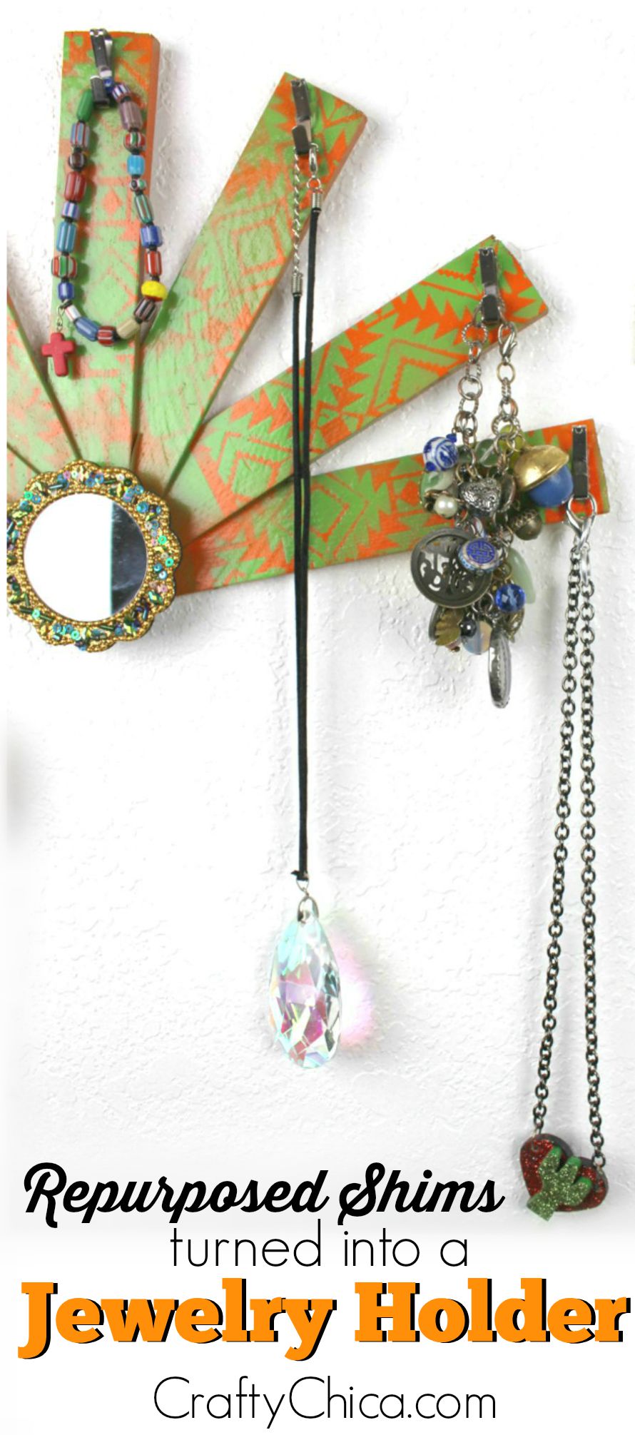 Use shims from the hardware store to make a jewelry holder! By CraftyChica.com