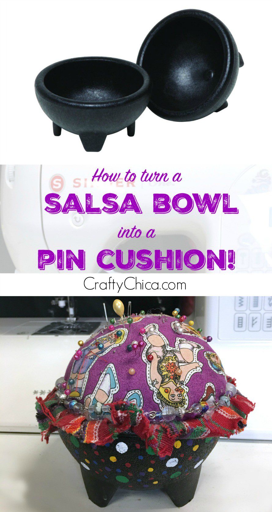 Turn a salsa dish into a pin cushion, by CraftyChica.com