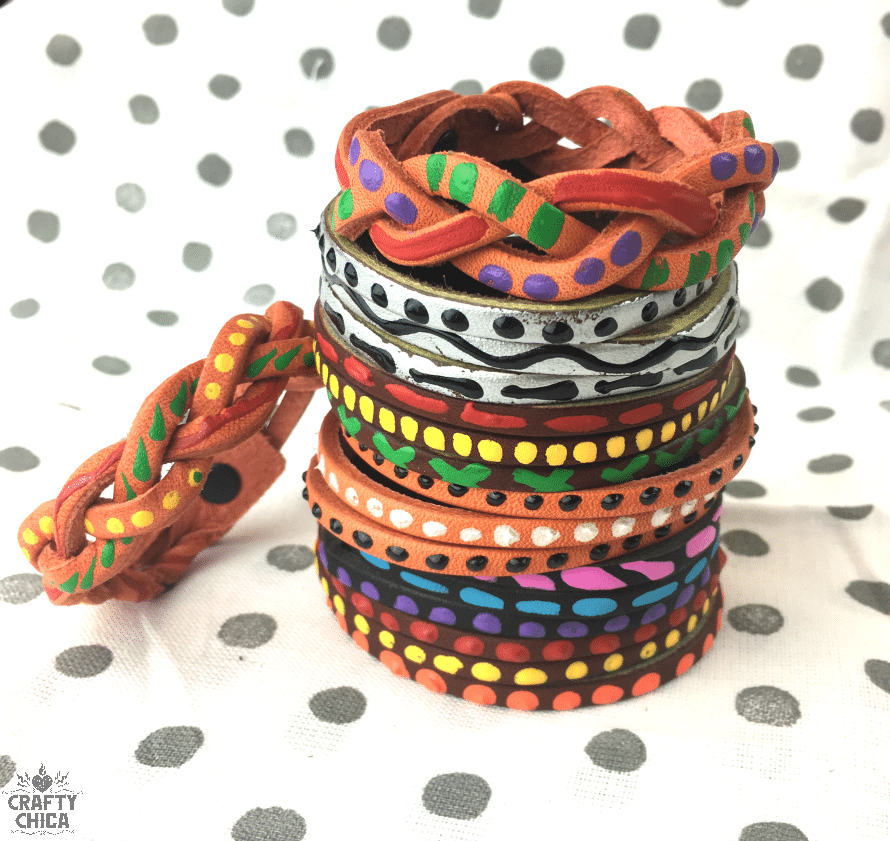 Painted leather bracelets by CraftyChica.com.