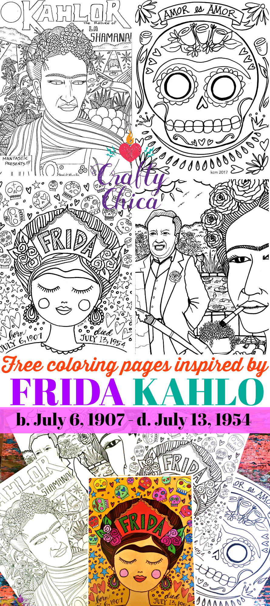Free Frida Kahlo coloring pages, by Crafty Chica.