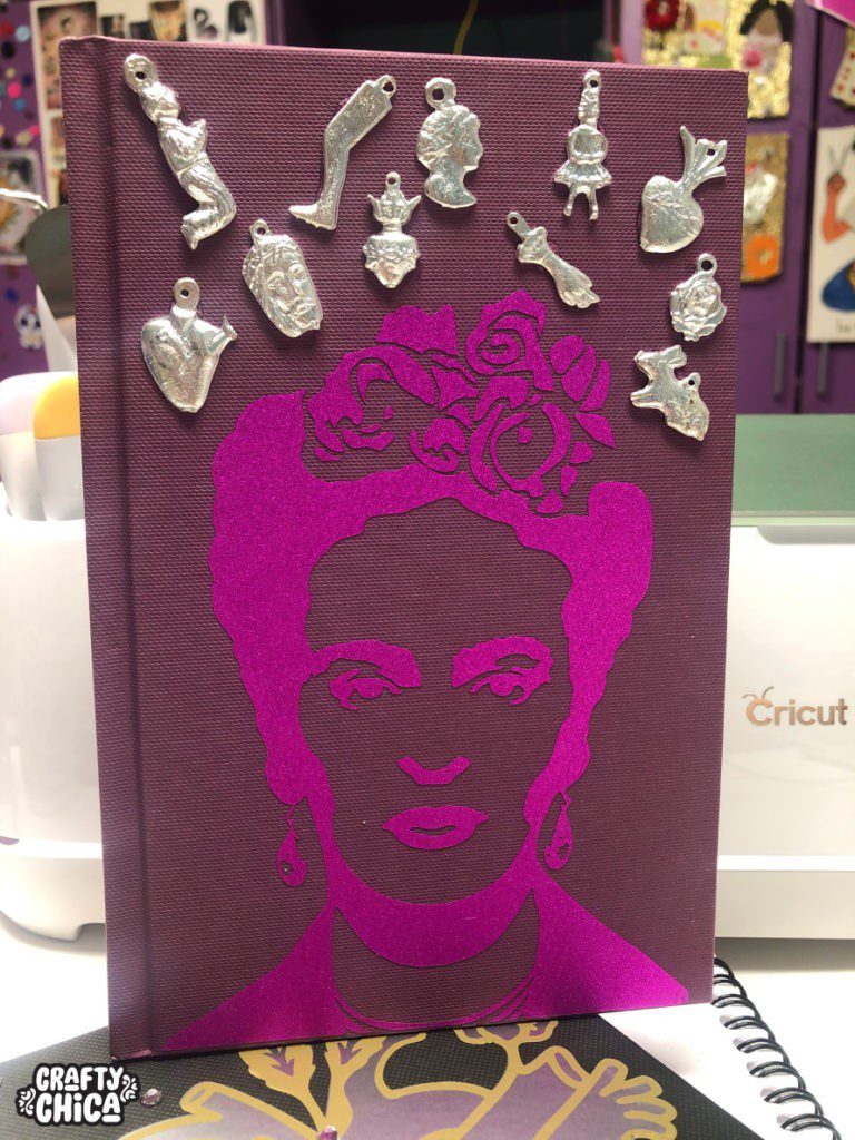 Cricut Maker Beginner Project - Glittered Frida Journal. #craftychica #cricutmaker #glitteredvinyl