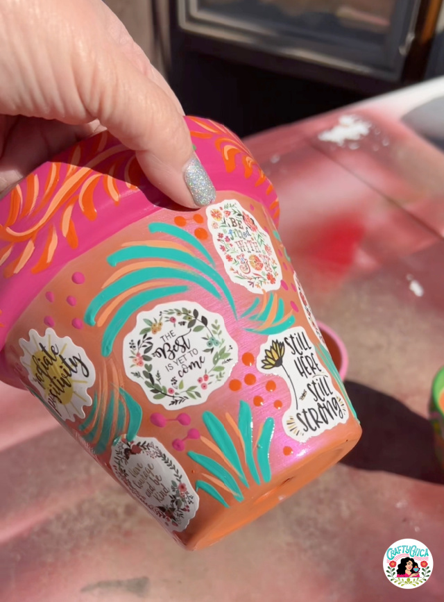 flower pot decorated with stickers